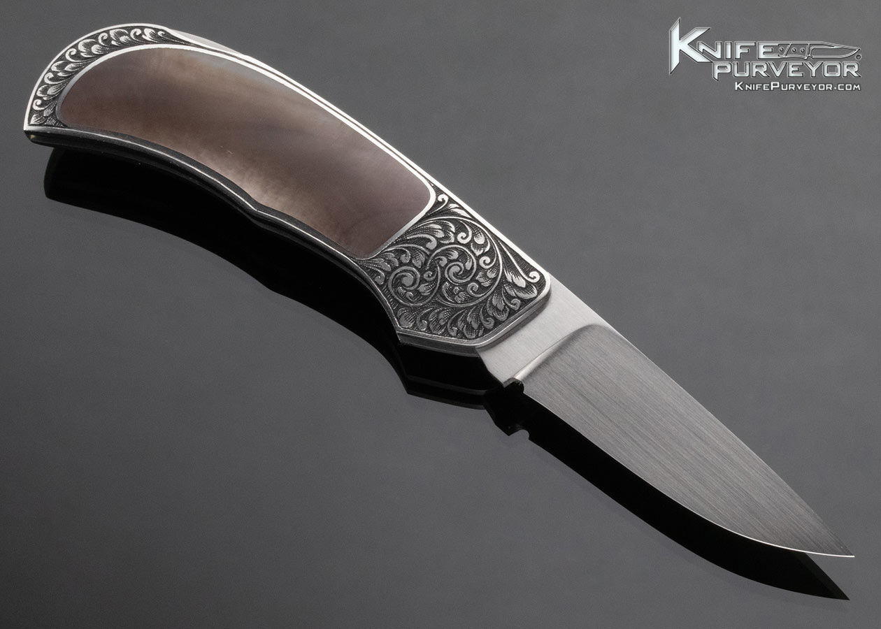 Jack Busfield Custom Knife Black Lip Tahitian Pearl Shell Interframe Lockback Engraved Franz Marktl - Image 4
