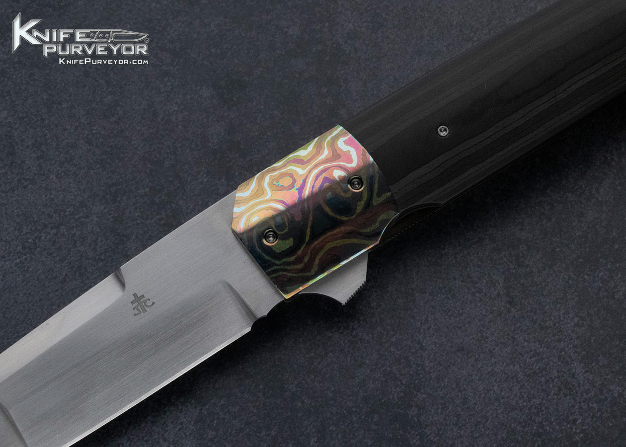 Jason Clark Knife Custom Knife Marble Carbon Fiber Timascus Linerlock Flipper - Image 2