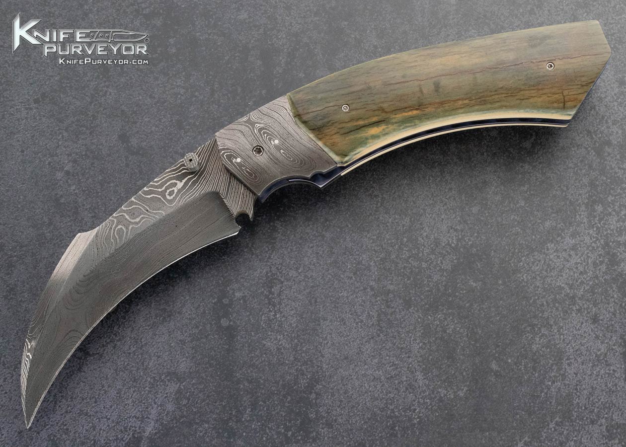 Reese-Weiland-Custom-Knife-Damascus-and-Mammoth-Double-Action-Scale-Release-Wasp-Linerlock-