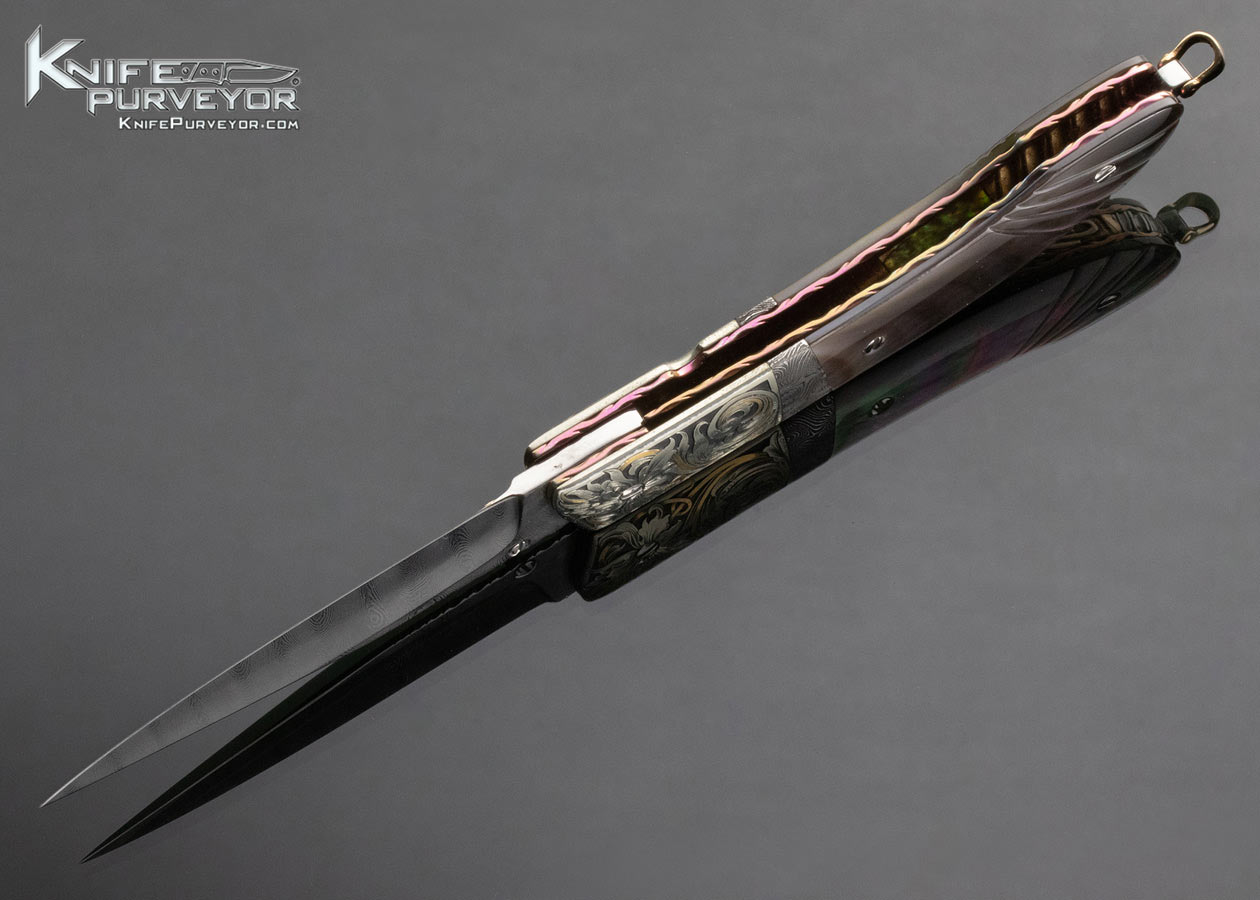Stephen Olszewski Custom Knife Damascus & Fluted Black Lip Tahitian Pearl Shell Linerlock Engraved by Ray Cover Jr. 4192