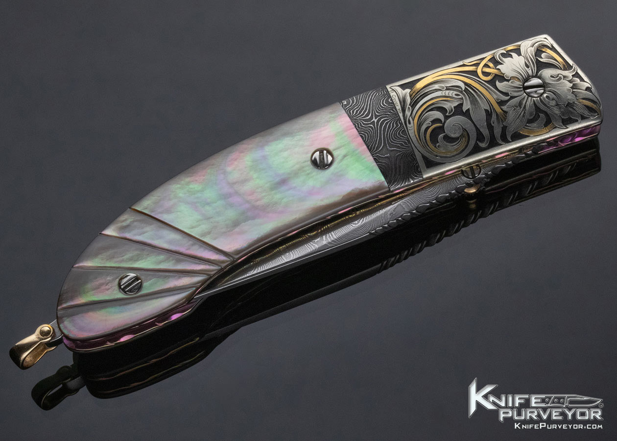 Stephen Olszewski Custom Knife Damascus and Fluted Black Lip Tahitian Pearl Shell Linerlock Engraved by Ray Cover Jr. - Image 4