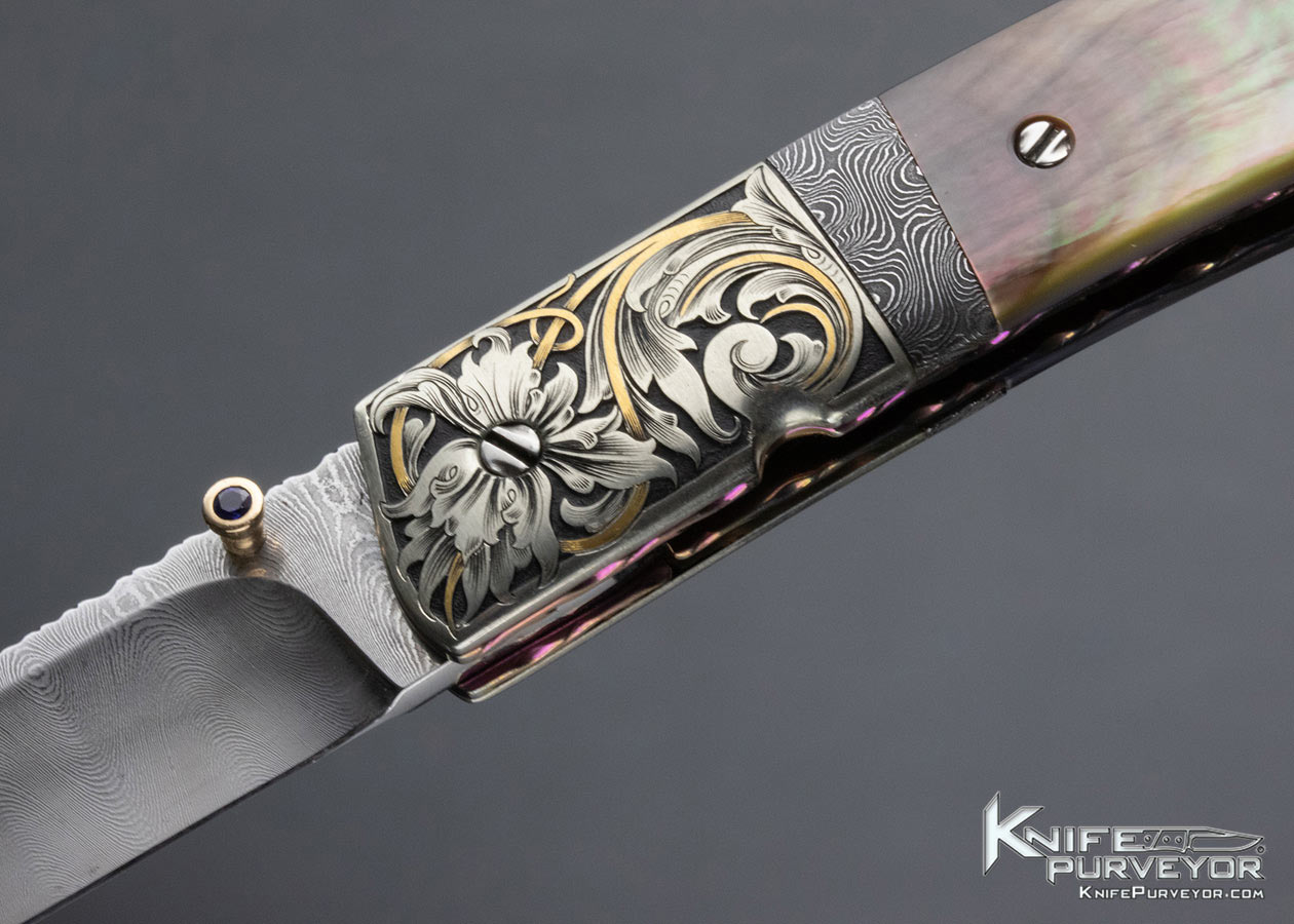 Stephen Olszewski Custom Knife Damascus and Fluted Black Lip Tahitian Pearl Shell Linerlock Engraved by Ray Cover Jr. - Image 2
