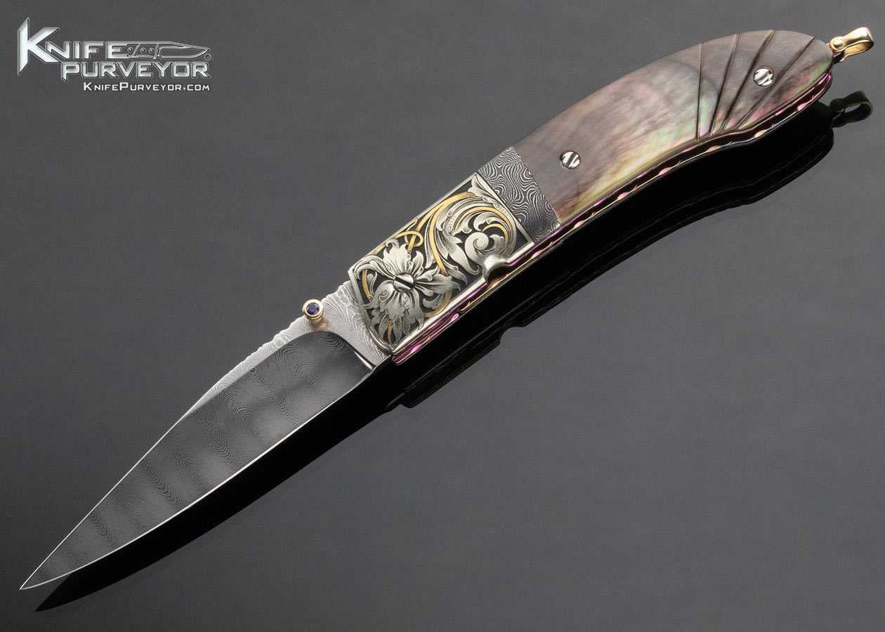 Stephen Olszewski Custom Knife Damascus & Fluted Black Lip Tahitian Pearl Shell Linerlock Engraved by Ray Cover Jr. 4192