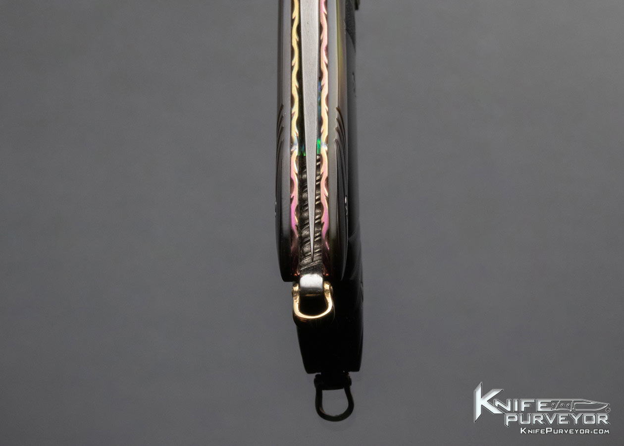 Stephen Olszewski Custom Knife Damascus and Fluted Black Lip Tahitian Pearl Shell Linerlock Engraved by Ray Cover Jr. - Image 7