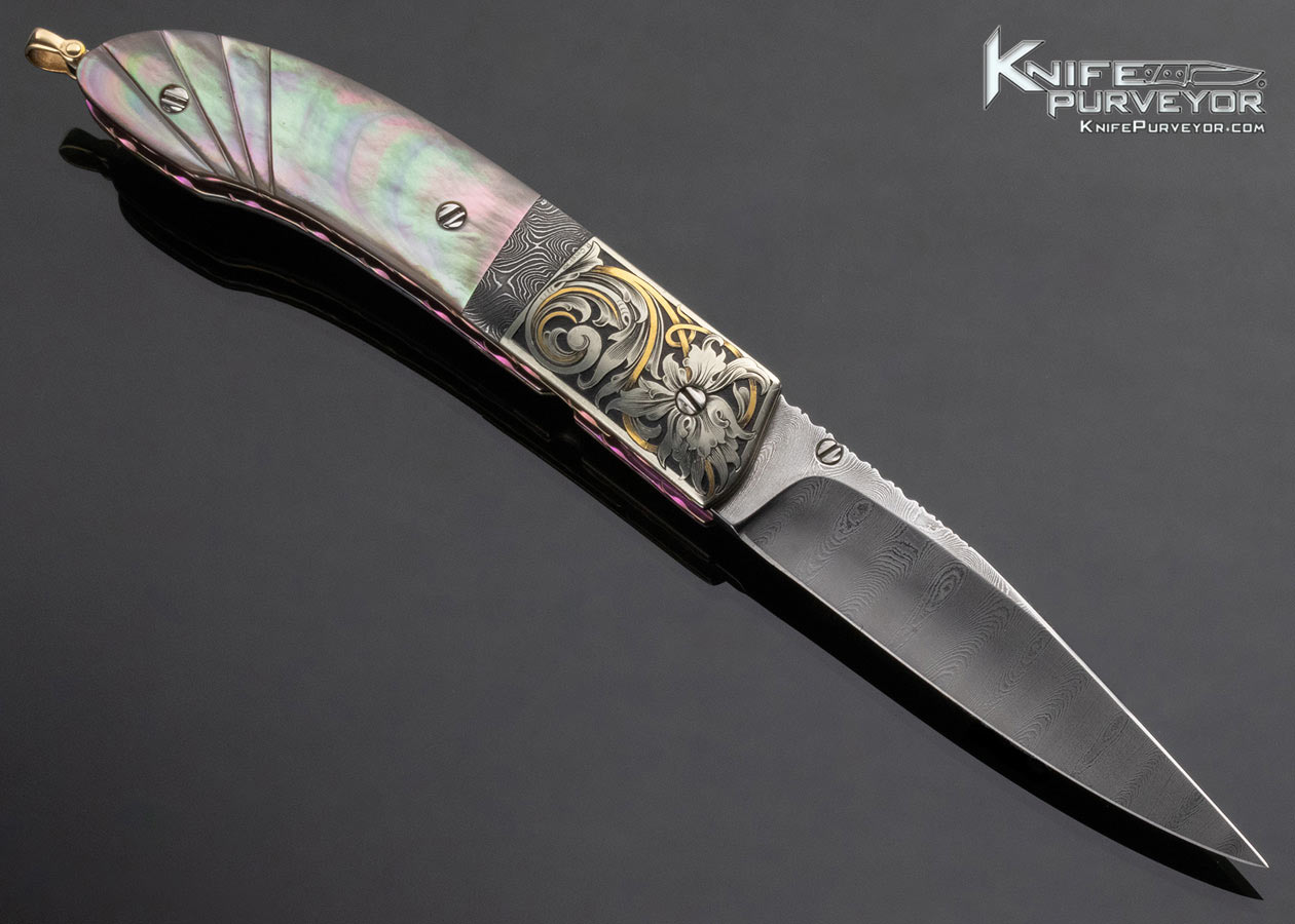 Stephen Olszewski Custom Knife Damascus and Fluted Black Lip Tahitian Pearl Shell Linerlock Engraved by Ray Cover Jr. - Image 3