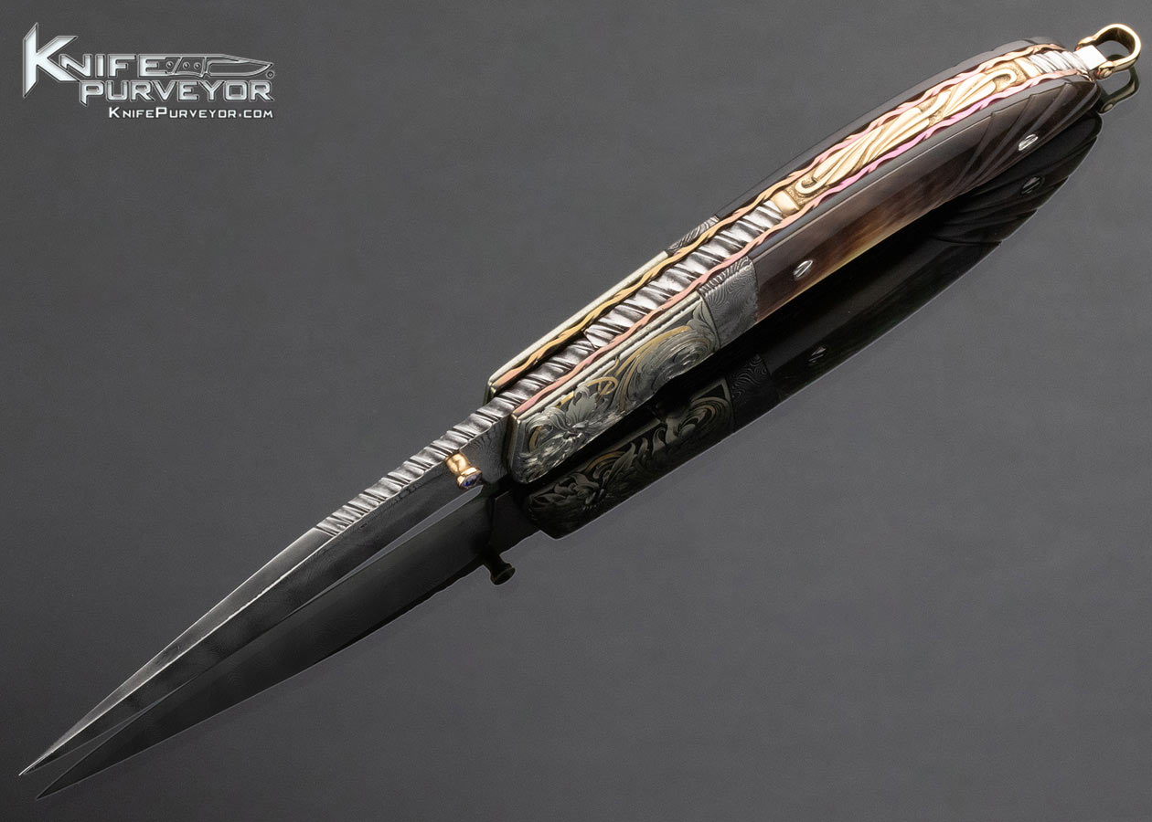 Stephen Olszewski Custom Knife Damascus and Fluted Black Lip Tahitian Pearl Shell Linerlock Engraved by Ray Cover Jr. - Image 5