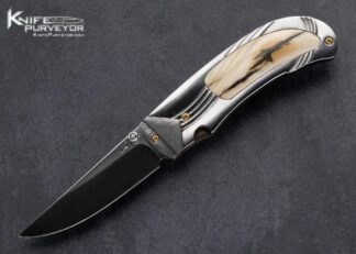 Suchat Jangtanong Custom Knife Diamond Thumbstud with Chad Nichols Damascus Carved Stainless Steel Mammoth Inlays Linerlock 15867