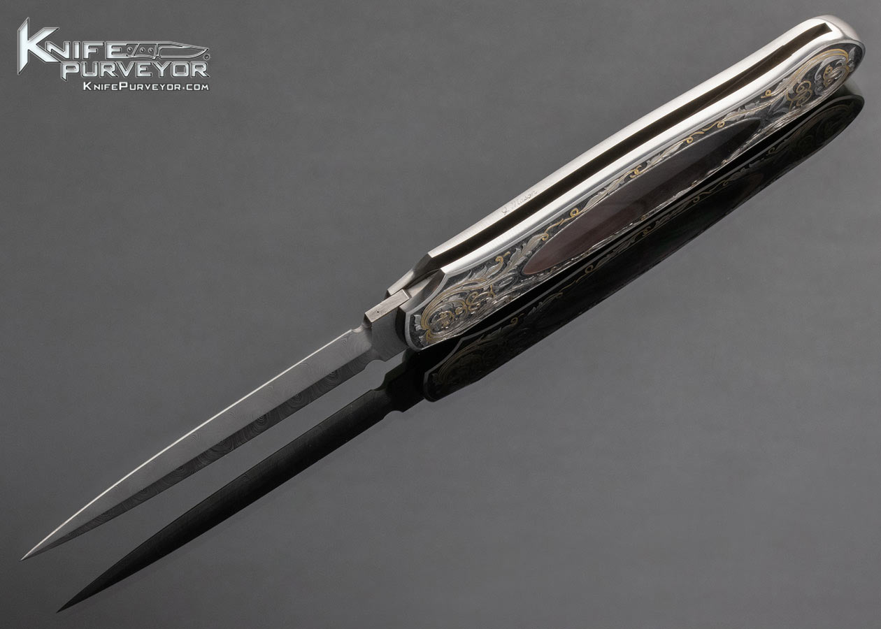 Tom Overeynder Custom Knife Damasteel and Black Lip Tahitian Pearl Shell Interframe Lockback Dagger Engraved By Joe Mason 3903