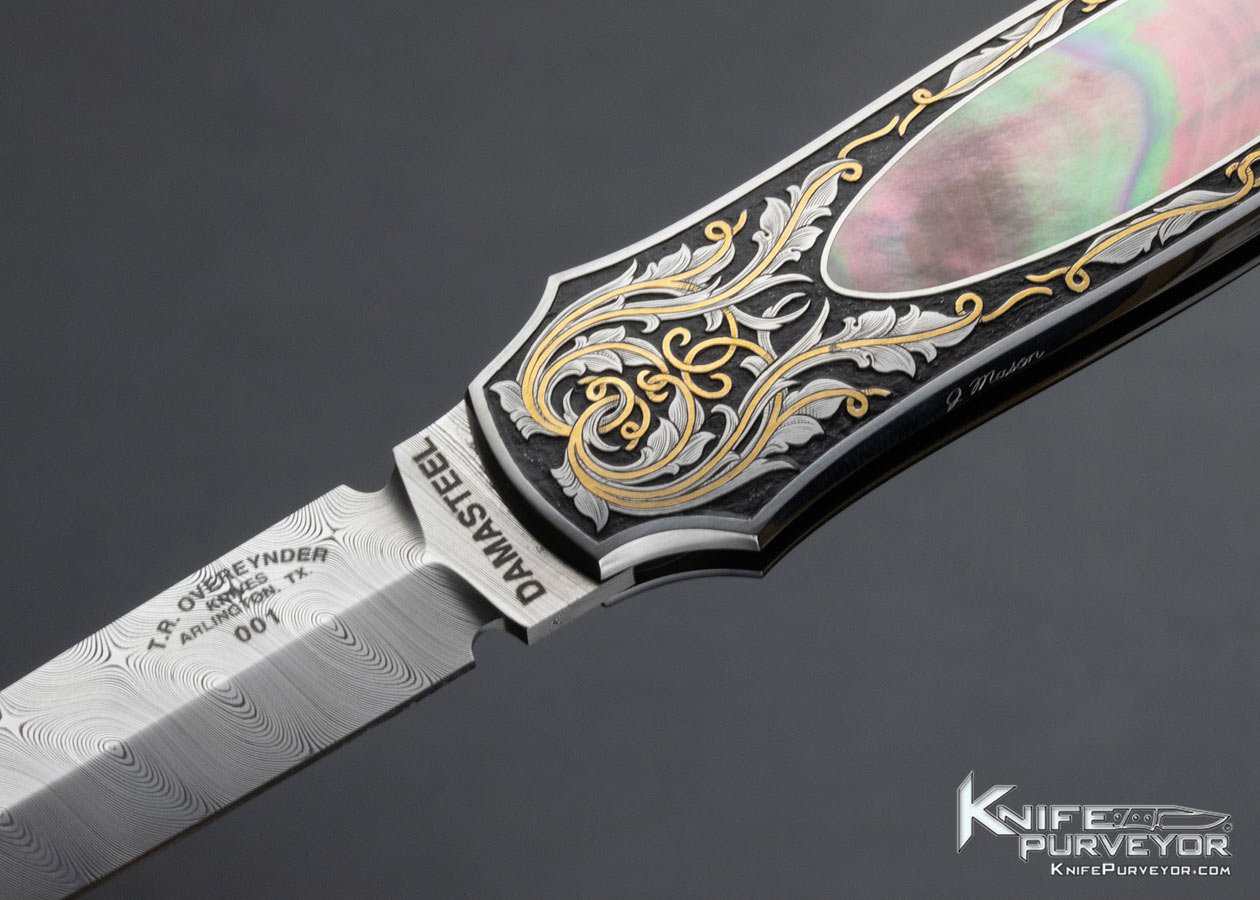 Tom Overeynder Custom Knife Damasteel and Black Lip Tahitian Pearl Shell Interframe Lockback Dagger Engraved By Joe Mason - Image 2