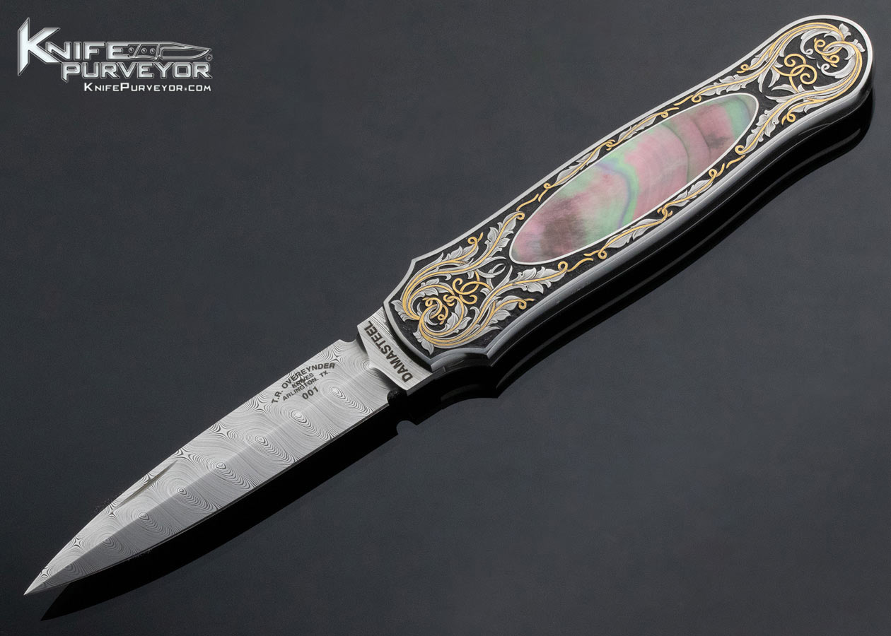 Tom Overeynder Custom Knife Damasteel and Black Lip Tahitian Pearl Shell Interframe Lockback Dagger Engraved By Joe Mason 3903