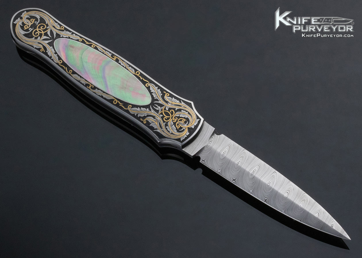 Tom Overeynder Custom Knife Damasteel and Black Lip Tahitian Pearl Shell Interframe Lockback Dagger Engraved By Joe Mason - Image 3