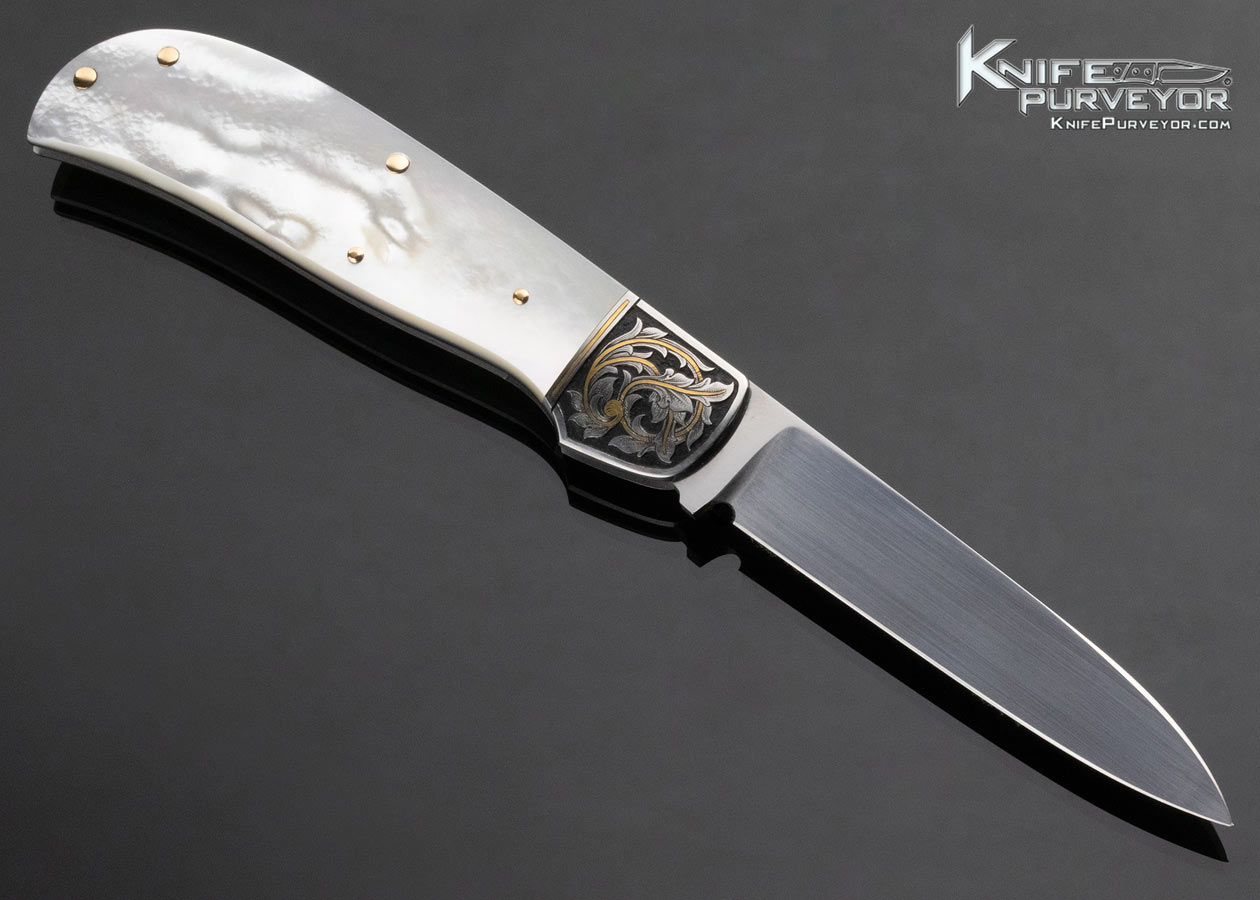 Tom Overeynder Custom Knife Mother of Pearl Slip Joint Engraved by Joe Mason - Image 3