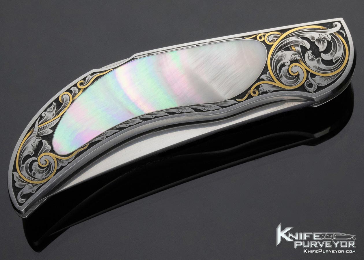 Warren Osborne Custom Knife Mother of Pearl Shell Interframe Lockback Engraved by Ray Cover Jr. - Image 4