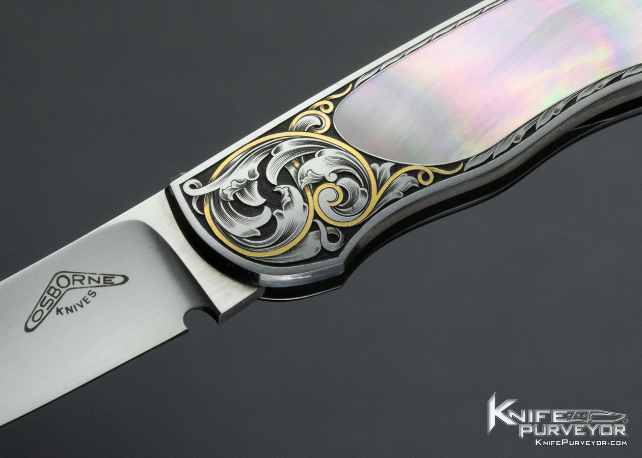 Warren Osborne Custom Knife Mother of Pearl Shell Interframe Lockback Engraved by Ray Cover Jr. - Image 2