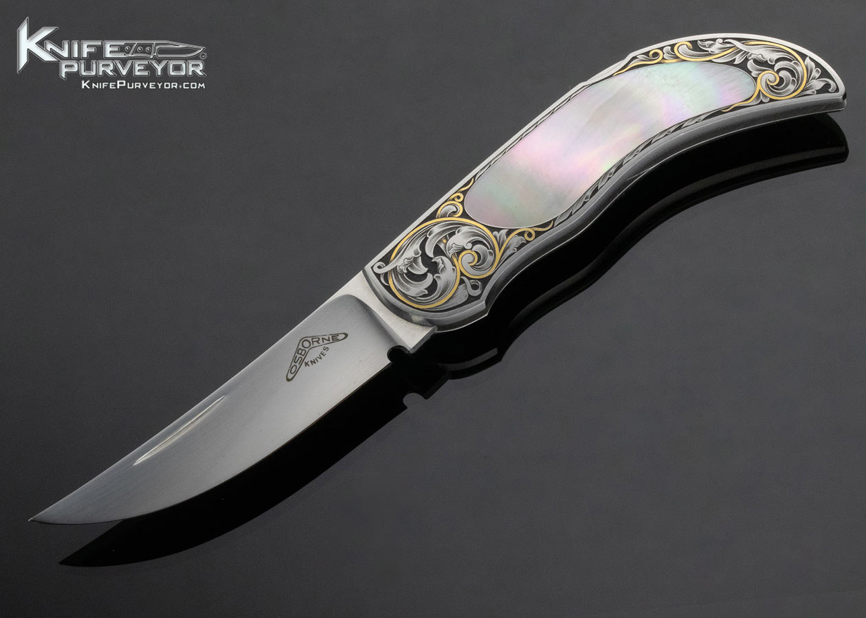 Warren Osborne Custom Knife Mother of Pearl Shell Interframe Lockback Engraved by Ray Cover Jr. 4067