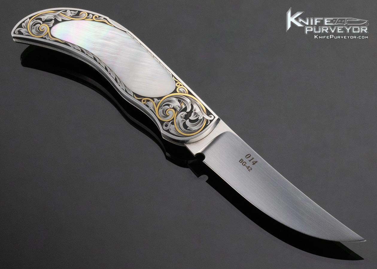 Warren Osborne Custom Knife Mother of Pearl Shell Interframe Lockback Engraved by Ray Cover Jr. - Image 3