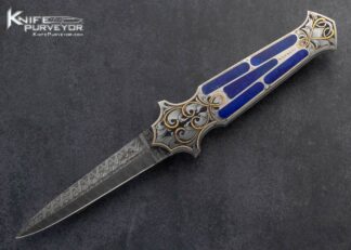 Warren Osborne Custom Knife Mike Norris Damascus and Lapis Lazuli Inlaid Automatic Dagger Engraved by Julie Warenski with 24Kt Gold Inlays 15804