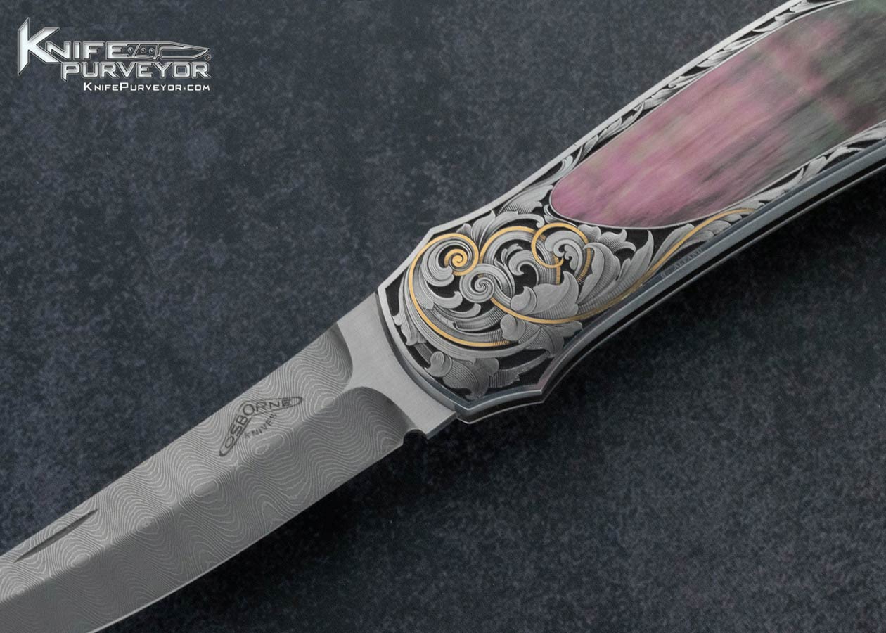 Warren Osborne Custom Knife Mike Norris Stainless Damascus and Black Lip Tahitian Pearl Interframe Lockback Engraved by Sam Alfano with 24 Kt Gold Inlays - Image 2