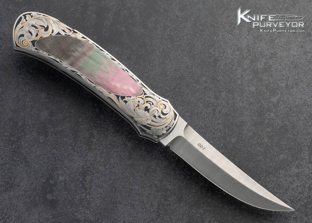 Warren Osborne Custom Knife Mike Norris Stainless Damascus and Black Lip Tahitian Pearl Interframe Lockback Engraved by Sam Alfano with 24 Kt Gold Inlays - Image 3