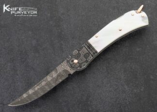 Warren Osborne Custom Knife Mike Norris Stainless Damascus and Mother of Pearl Lockback with Rose Gold Pins and Bale 15850