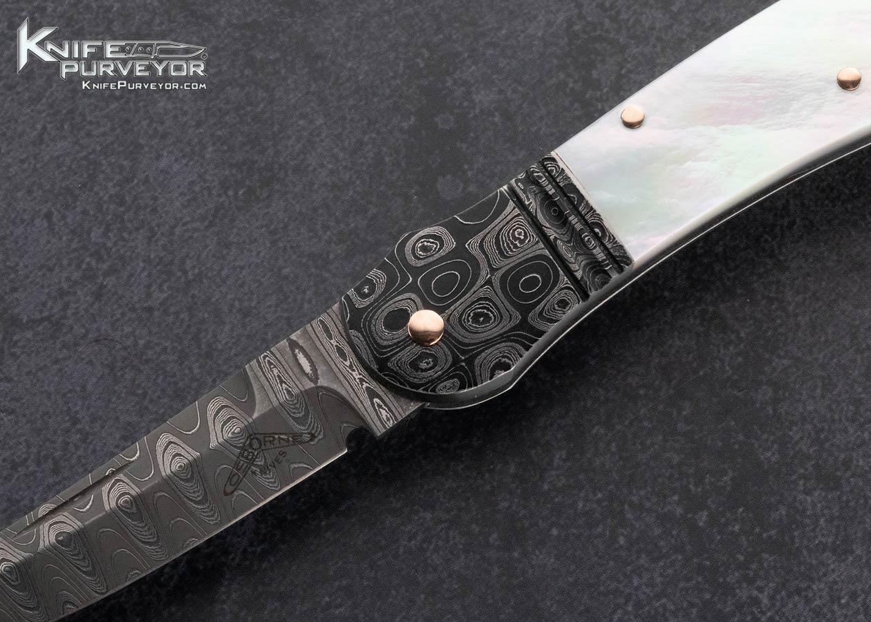 Warren Osborne Custom Knife Mike Norris Stainless Damascus and Mother of Pearl Lockback with Rose Gold Pins and Bale - Image 2
