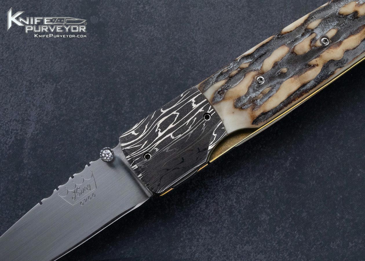Bill King Custom Knife Damascus and Stag Linerlock - Image 2