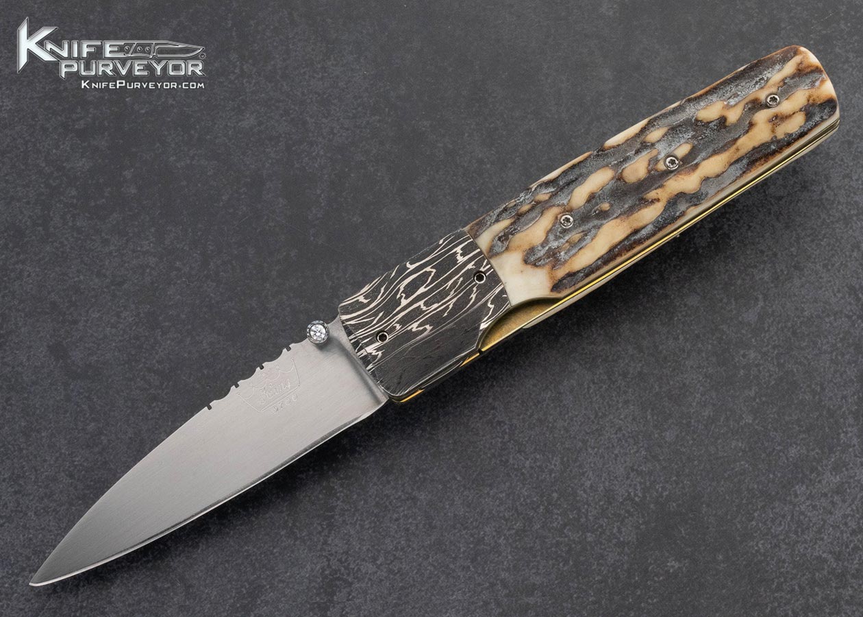 Bill King Custom Knife Damascus and Stag Linerlock 16027