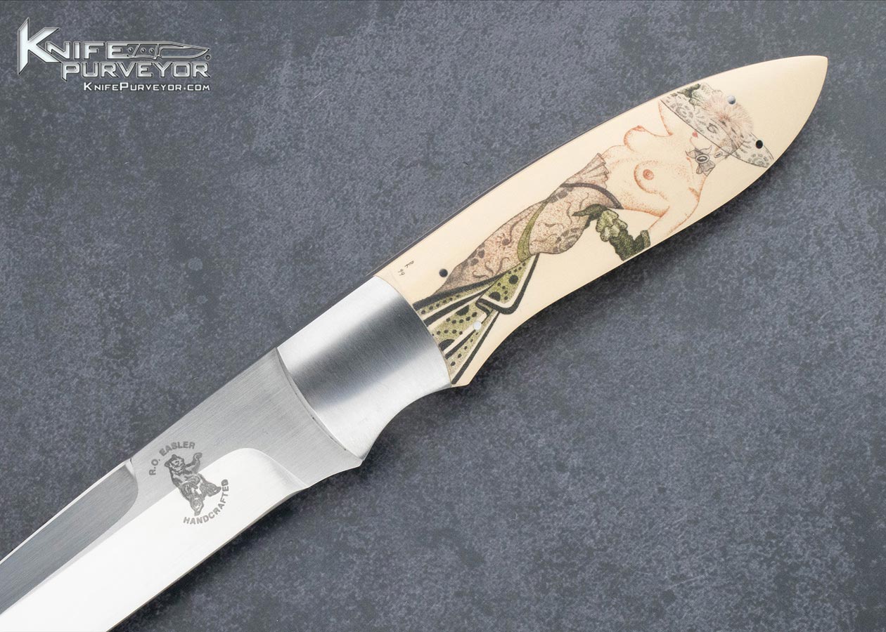 Russell Easler Custom Knife Denise Kondria Scrimshawed Micarta Fighter with Leather Sheath - Image 2