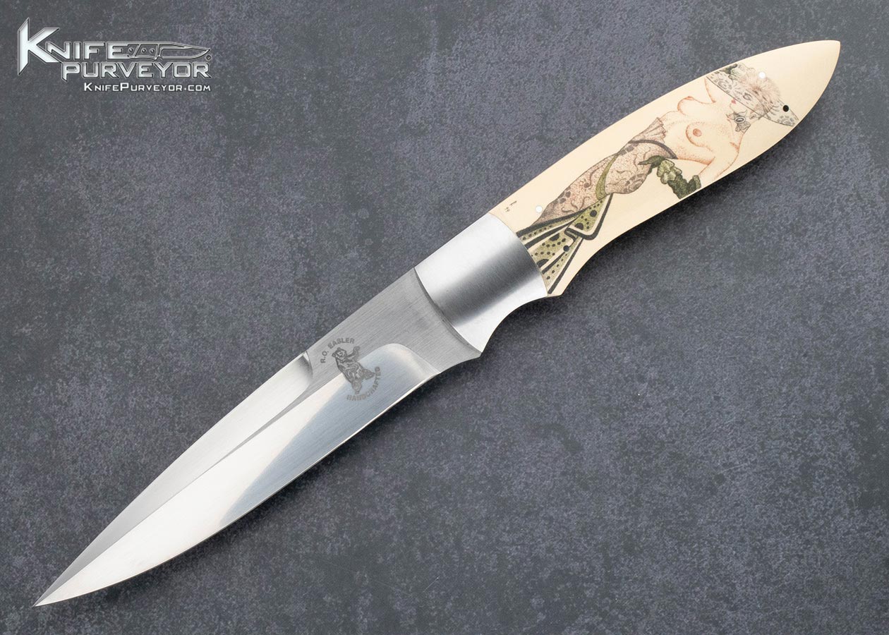 Russell Easler Custom Knife Denise Kondria Scrimshawed Micarta Fighter with Leather Sheath 15873
