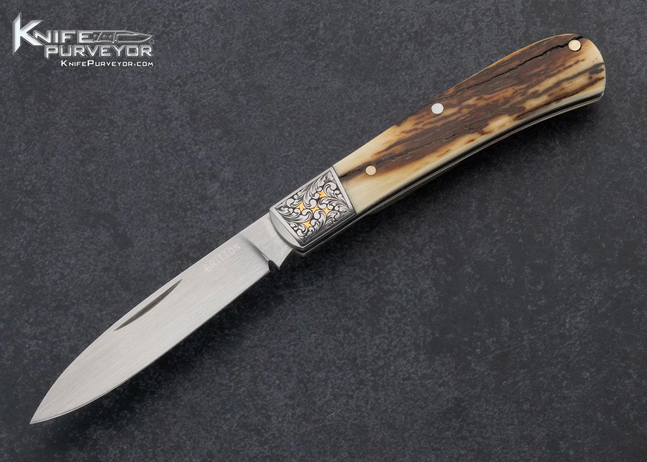 Tim Britton Custom Knife Jim Small Engraved Mammoth Slipjoint with Gold Inlays 15926