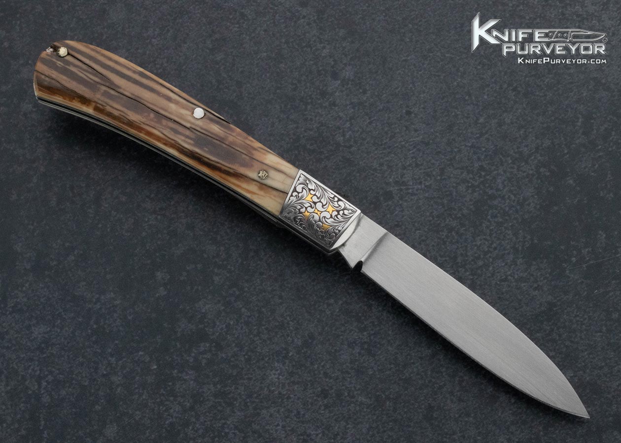 Tim Britton Custom Knife Jim Small Engraved Mammoth Slipjoint with Gold Inlays - Image 3