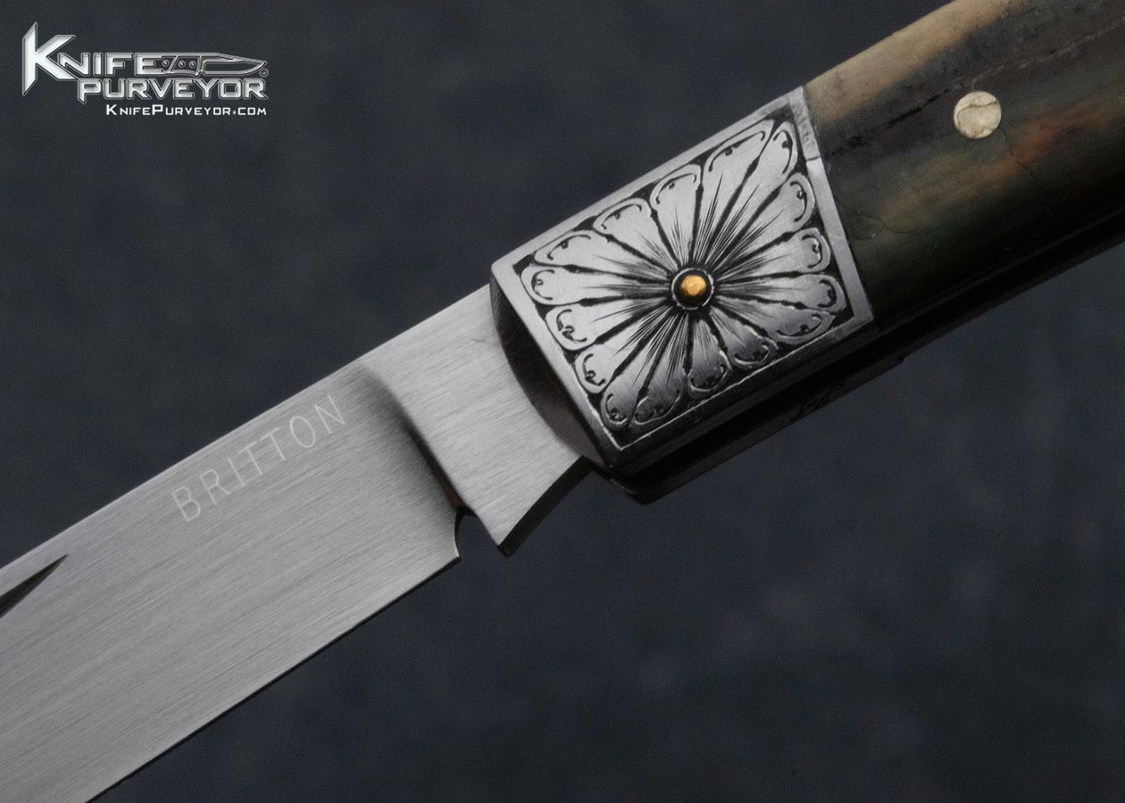 Tim Britton Custom Knife Jim Small Engraved Mammoth Slipjoint with Gold Pinned Bolsters - Image 2