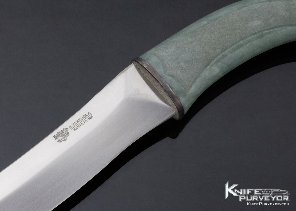 Bob Terzuola Custom Knife Carved Jade Persian Fixed Blade with Wooden Display Stand - Image 2