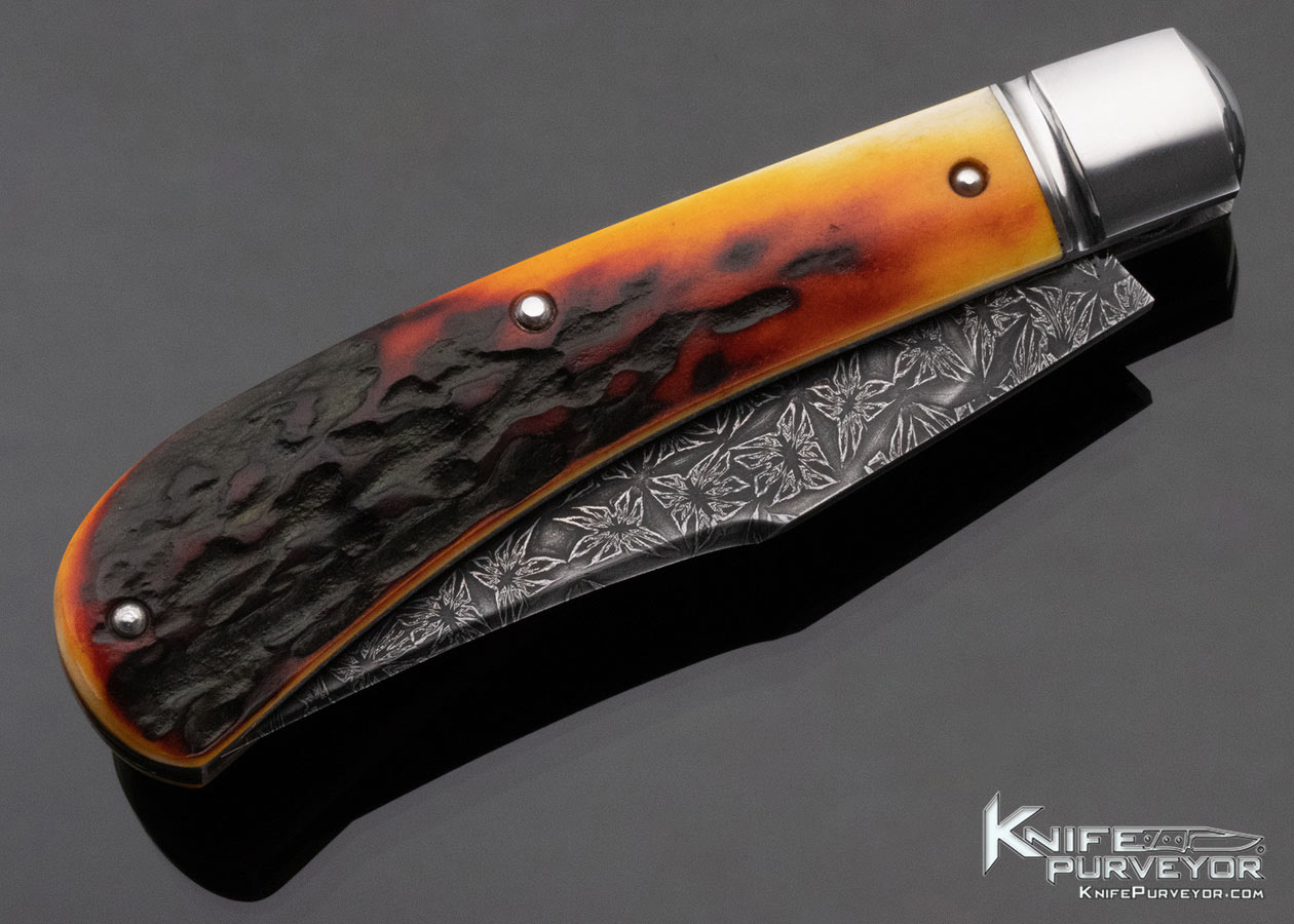 Chris Sharp Custom Knife Sole Authorship Damascus Amber Stag Trapper Slipjoint - Image 5