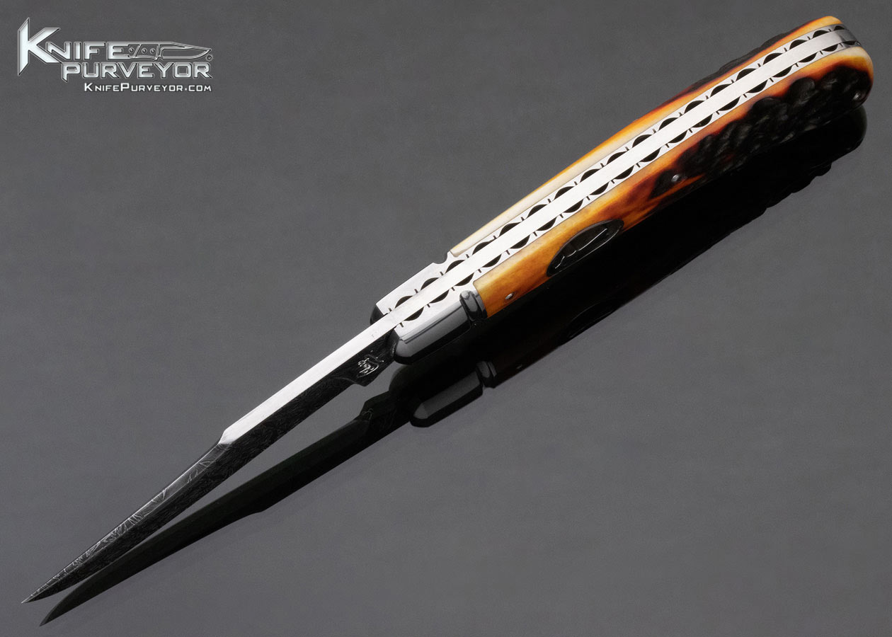 Chris Sharp Custom Knife Sole Authorship Damascus Amber Stag Trapper Slipjoint - Image 6
