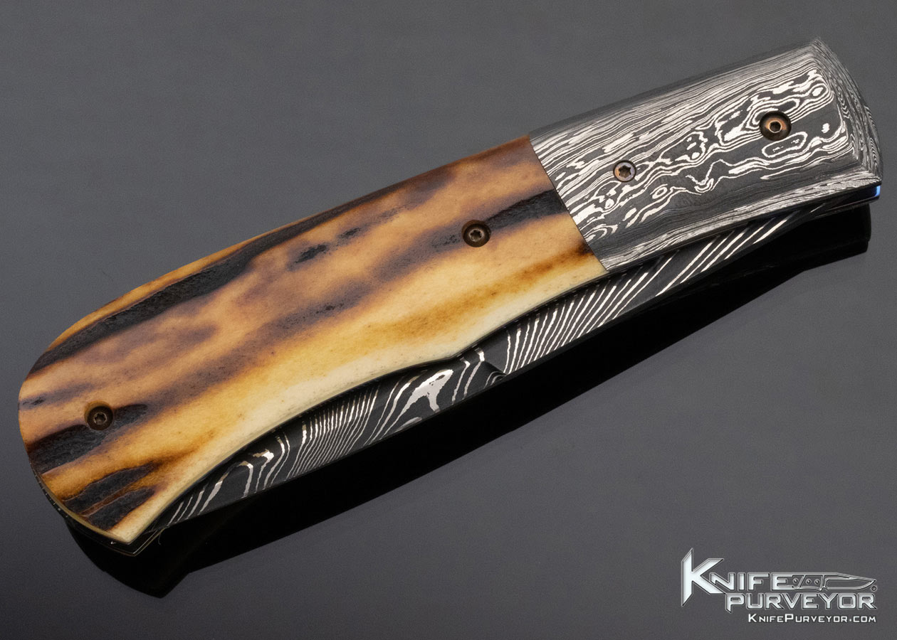 Don Hanson Custom Knife Sole Authorship Damascus & Amber Stag Auto Linerlock - Image 5