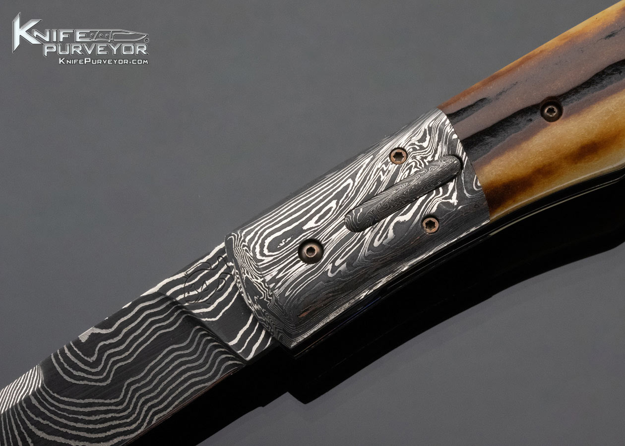 Don Hanson Custom Knife Sole Authorship Damascus & Amber Stag Auto Linerlock - Image 2