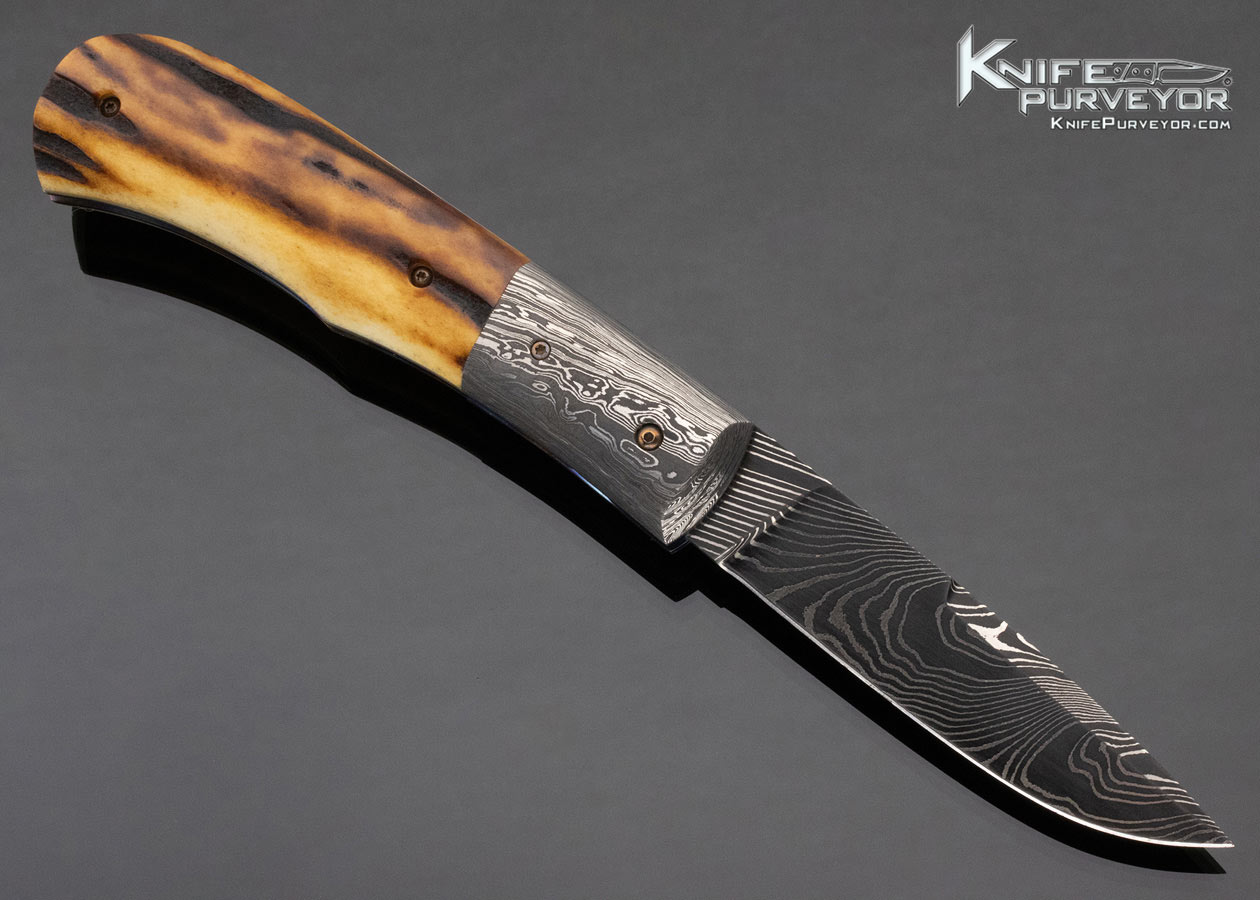 Don Hanson Custom Knife Sole Authorship Damascus & Amber Stag Auto Linerlock - Image 3