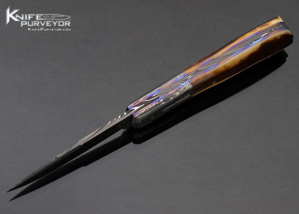 Don Hanson Custom Knife Sole Authorship Damascus & Amber Stag Auto Linerlock - Image 6
