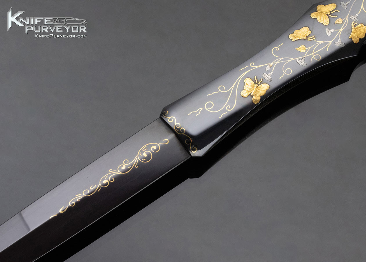 Dr. Fred Carter Custom Knife Sole Authorship Engraved Blued Steel Dagger with 24KT Gold Inlaid Butterflies - Image 2