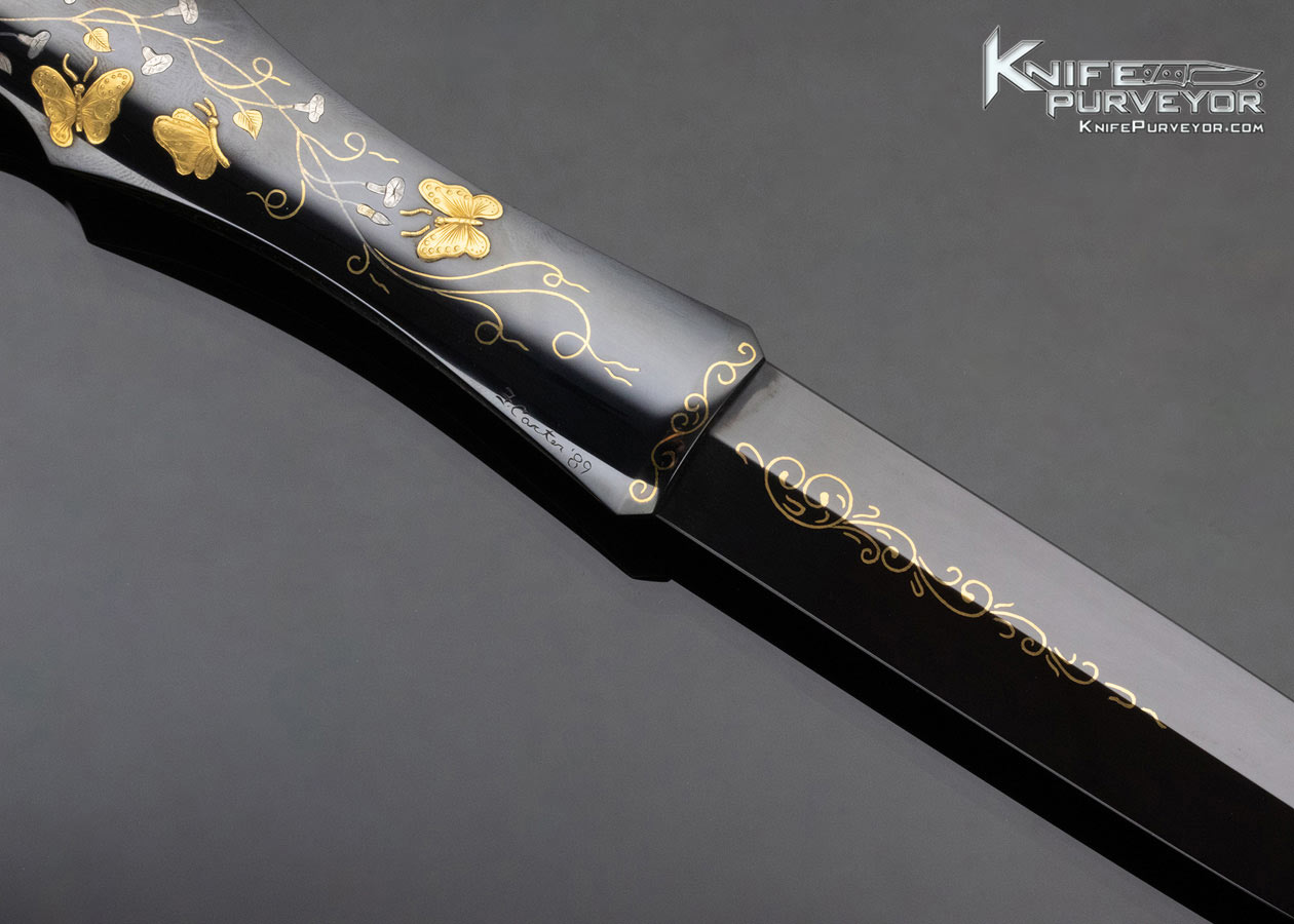 Dr. Fred Carter Custom Knife Sole Authorship Engraved Blued Steel Dagger with 24KT Gold Inlaid Butterflies - Image 4