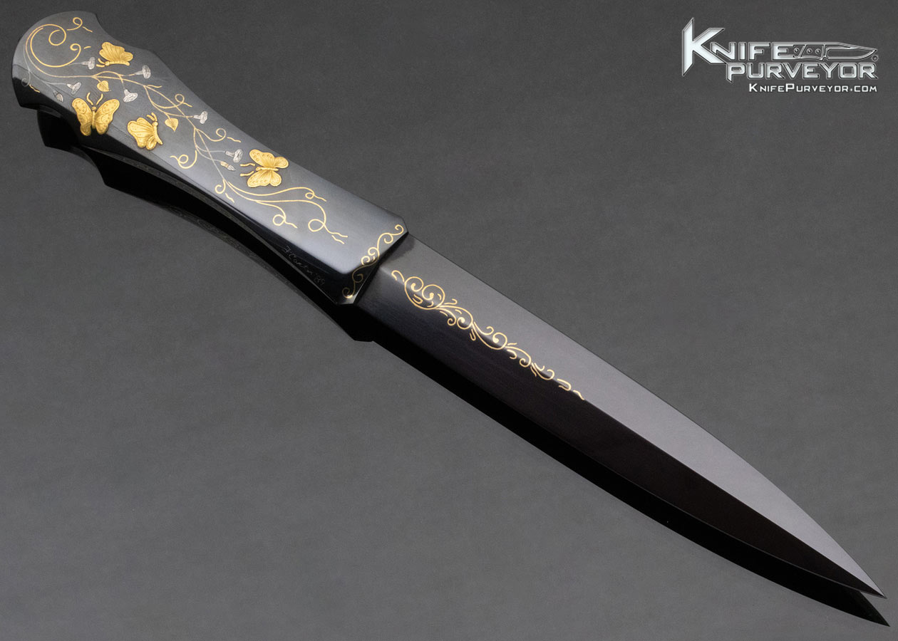Dr. Fred Carter Custom Knife Sole Authorship Engraved Blued Steel Dagger with 24KT Gold Inlaid Butterflies - Image 3