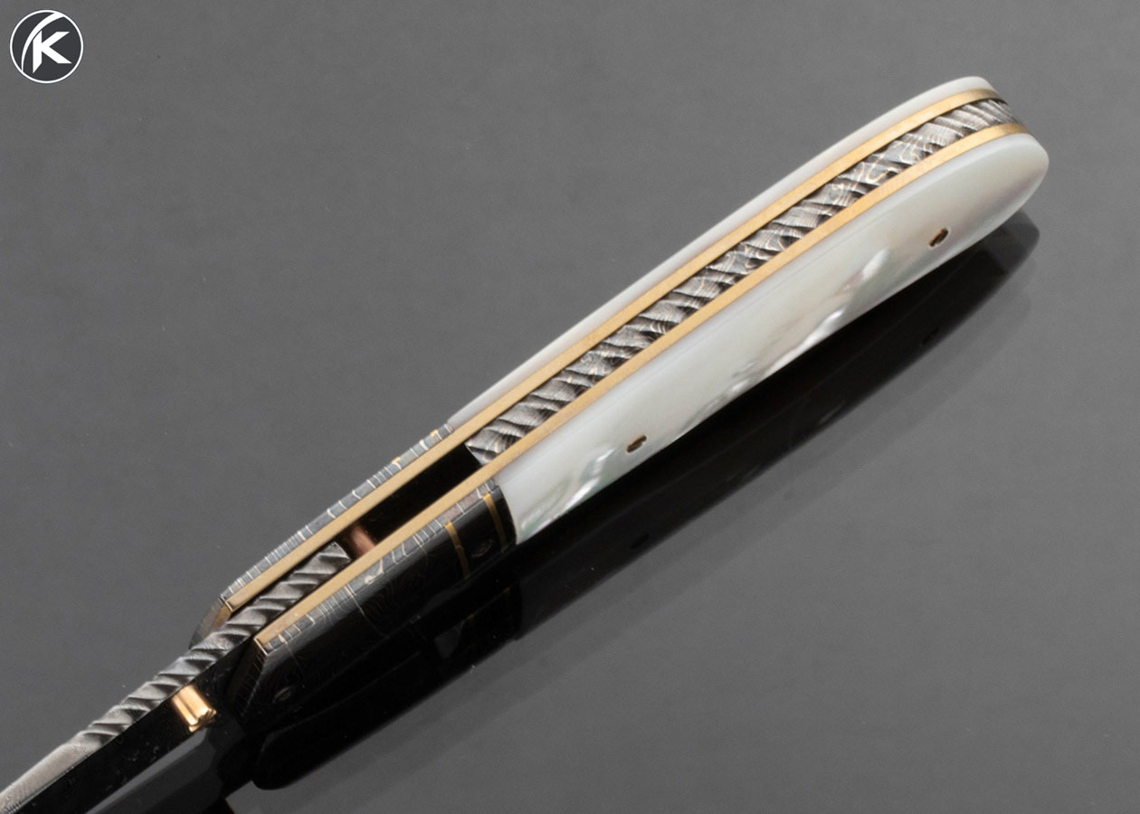 John W. Smith Custom Knife Robert Eggerling Mosaic Damascus Mother of Pearl Linerlock with Gold Thumb Stud - Image 5