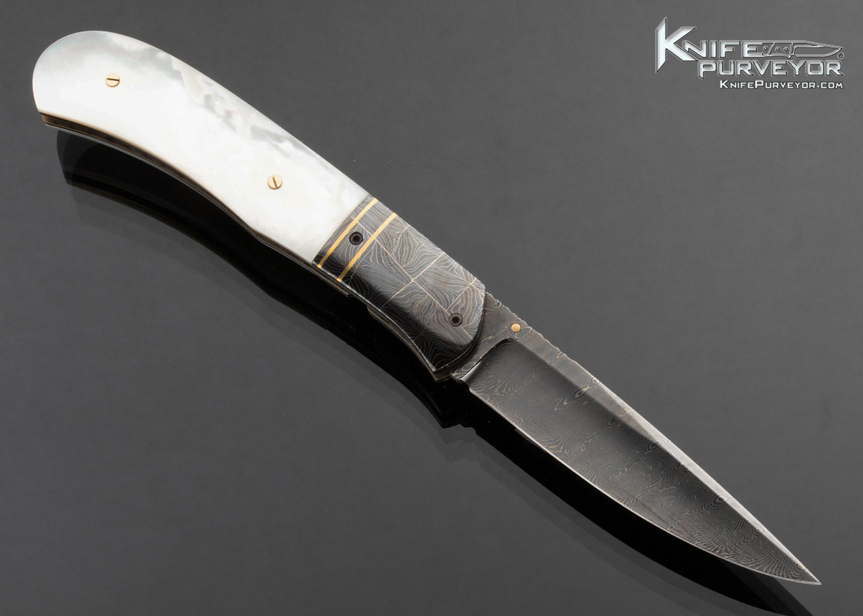 John W. Smith Custom Knife Robert Eggerling Mosaic Damascus Mother of Pearl Linerlock with Gold Thumb Stud - Image 4