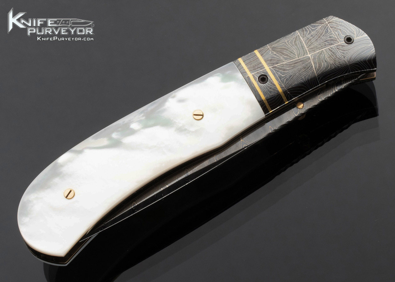 John W. Smith Custom Knife Robert Eggerling Mosaic Damascus Mother of Pearl Linerlock with Gold Thumb Stud - Image 3