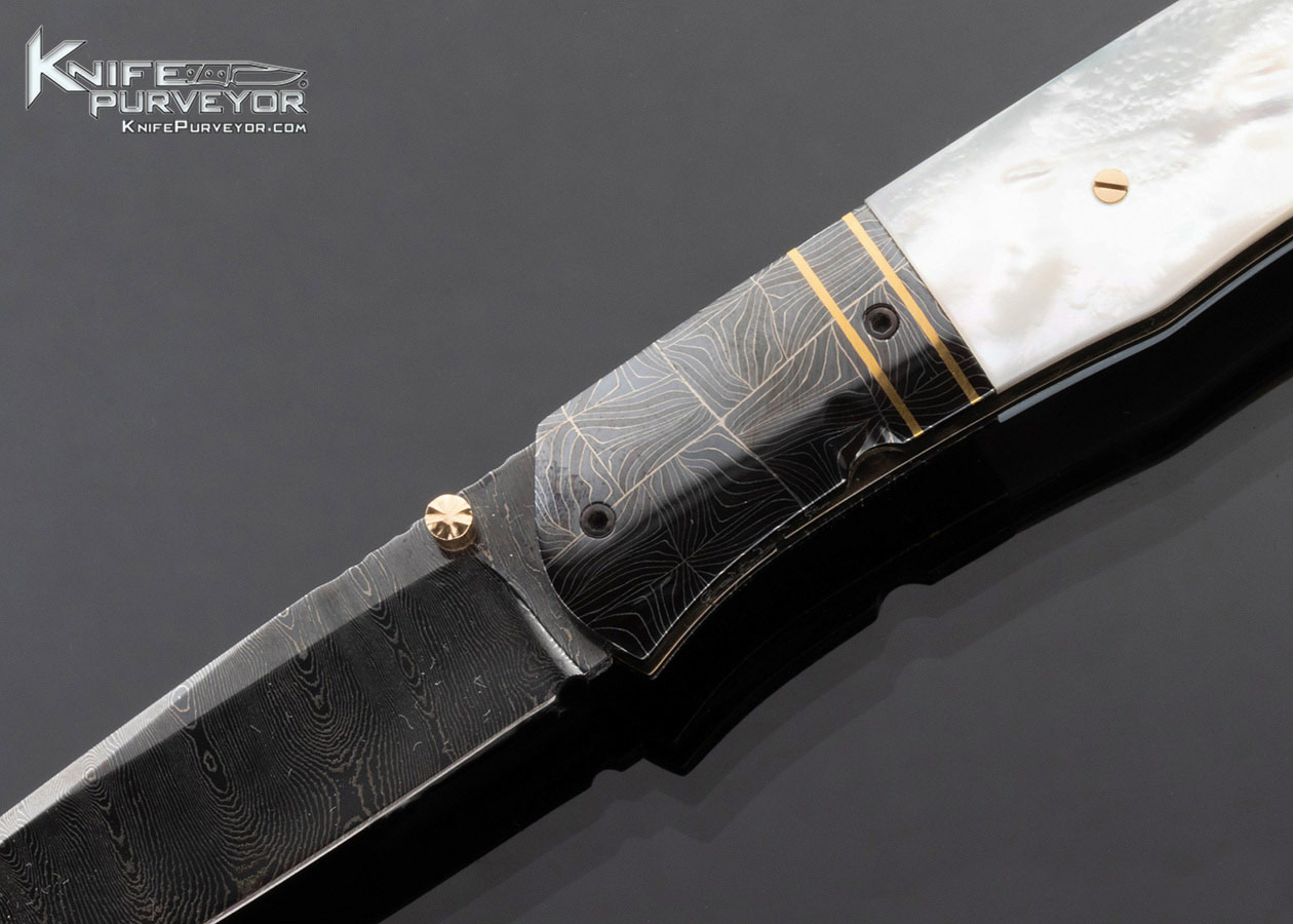 John W. Smith Custom Knife Robert Eggerling Mosaic Damascus Mother of Pearl Linerlock with Gold Thumb Stud - Image 2