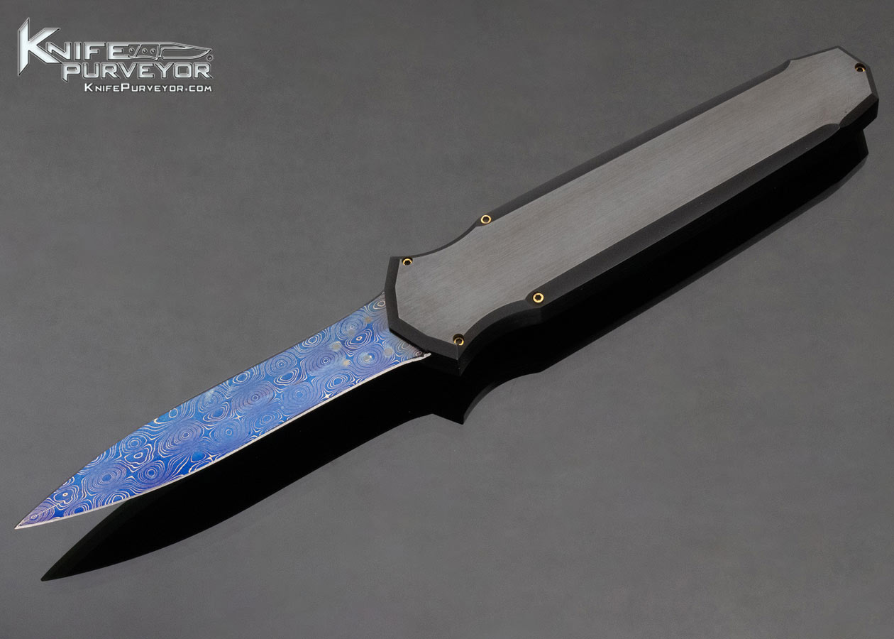 Jeff Harkins Custom Knife Blued Raindrop Pattern Damascus Stainless Steel OTF Triton