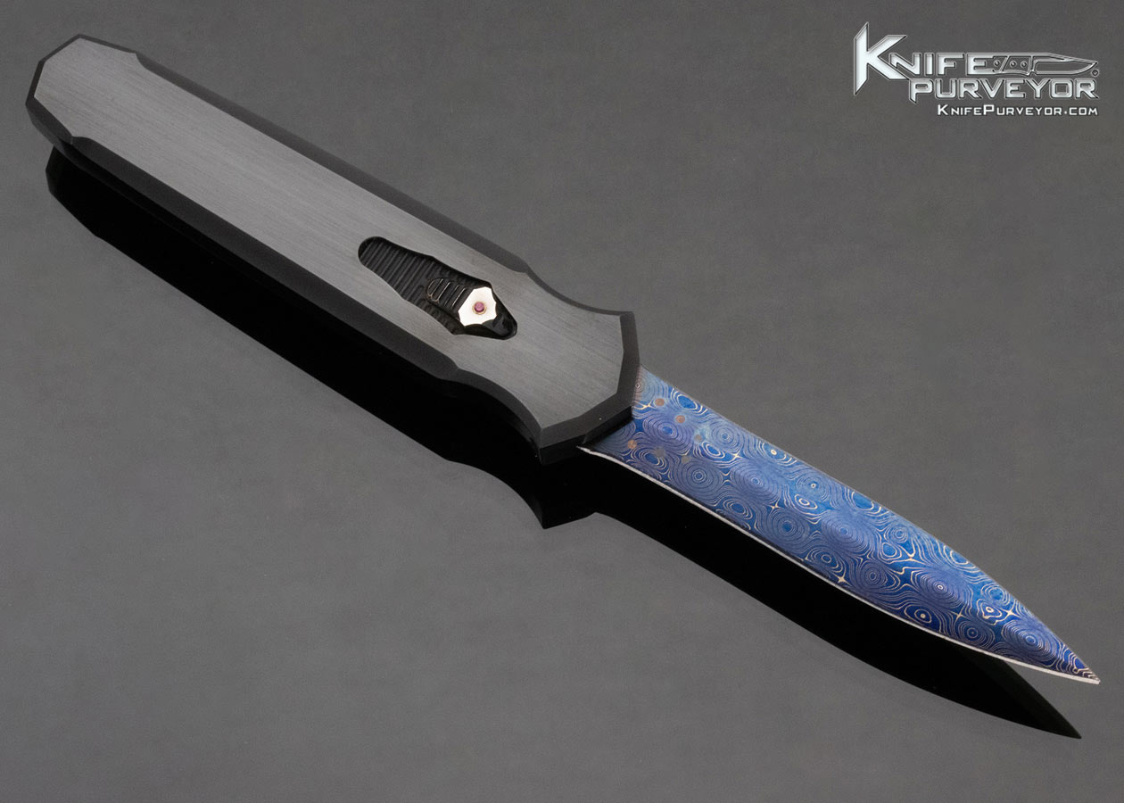 Jeff Harkins Custom Knife Blued Raindrop Pattern Damascus Stainless Steel OTF Triton - Image 3