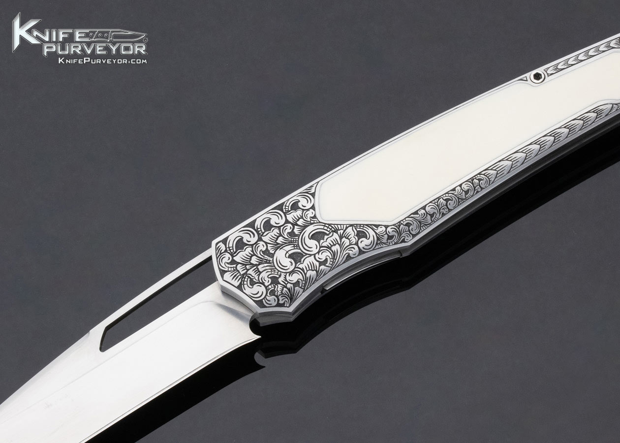 Jeff Harkins Custom Knife Bruce Shaw Engraved 416 Stainless Steel "Gamma" Front Flipper with Mammoth Inlays - Image 2