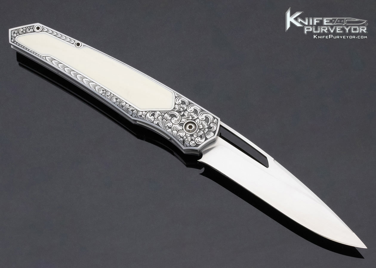 Jeff Harkins Custom Knife Bruce Shaw Engraved 416 Stainless Steel "Gamma" Front Flipper with Mammoth Inlays - Image 3